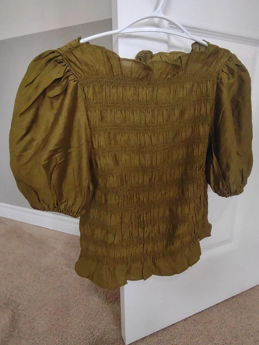 H&M Olive Green Smocked Puff-Sleeve Blouse